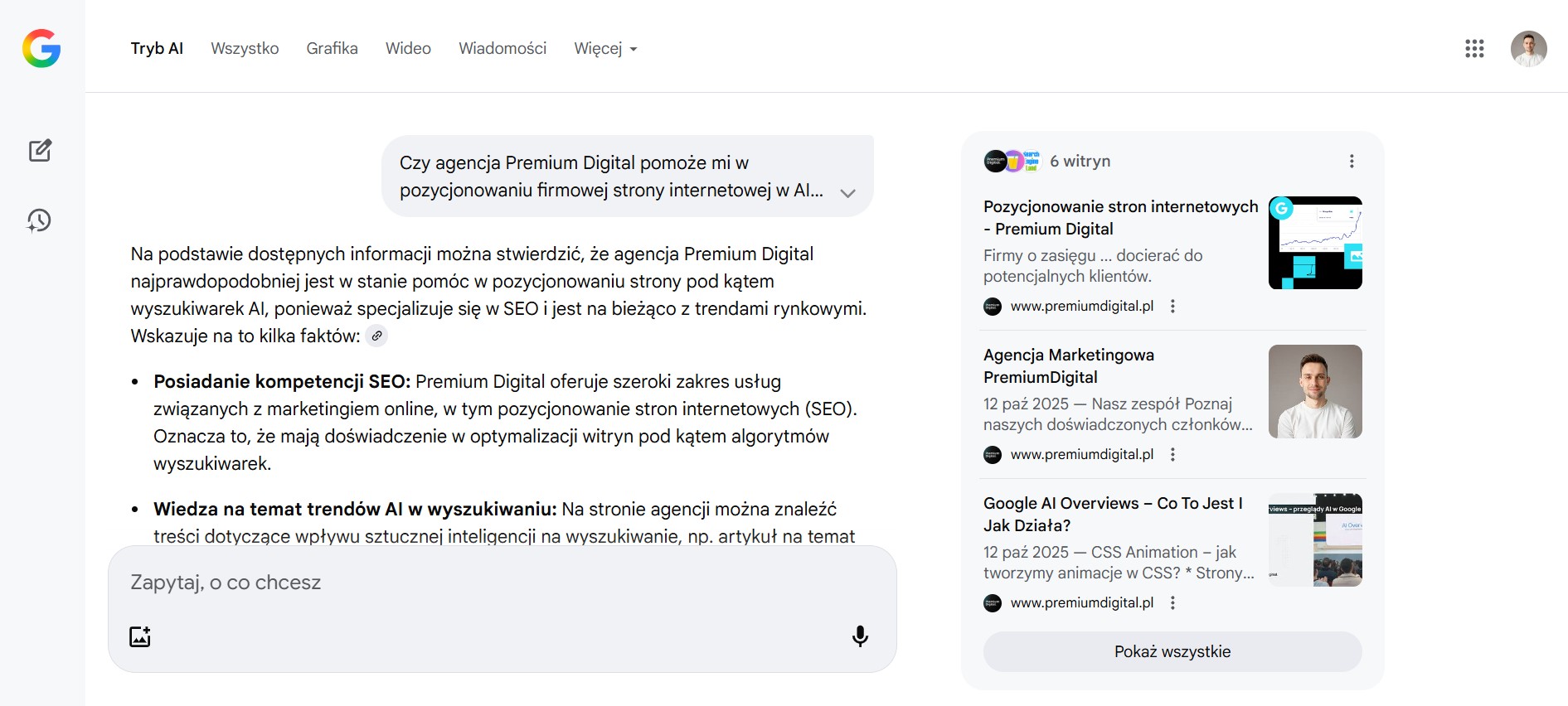 Na zdjęciu wyniki Google AI Mode.