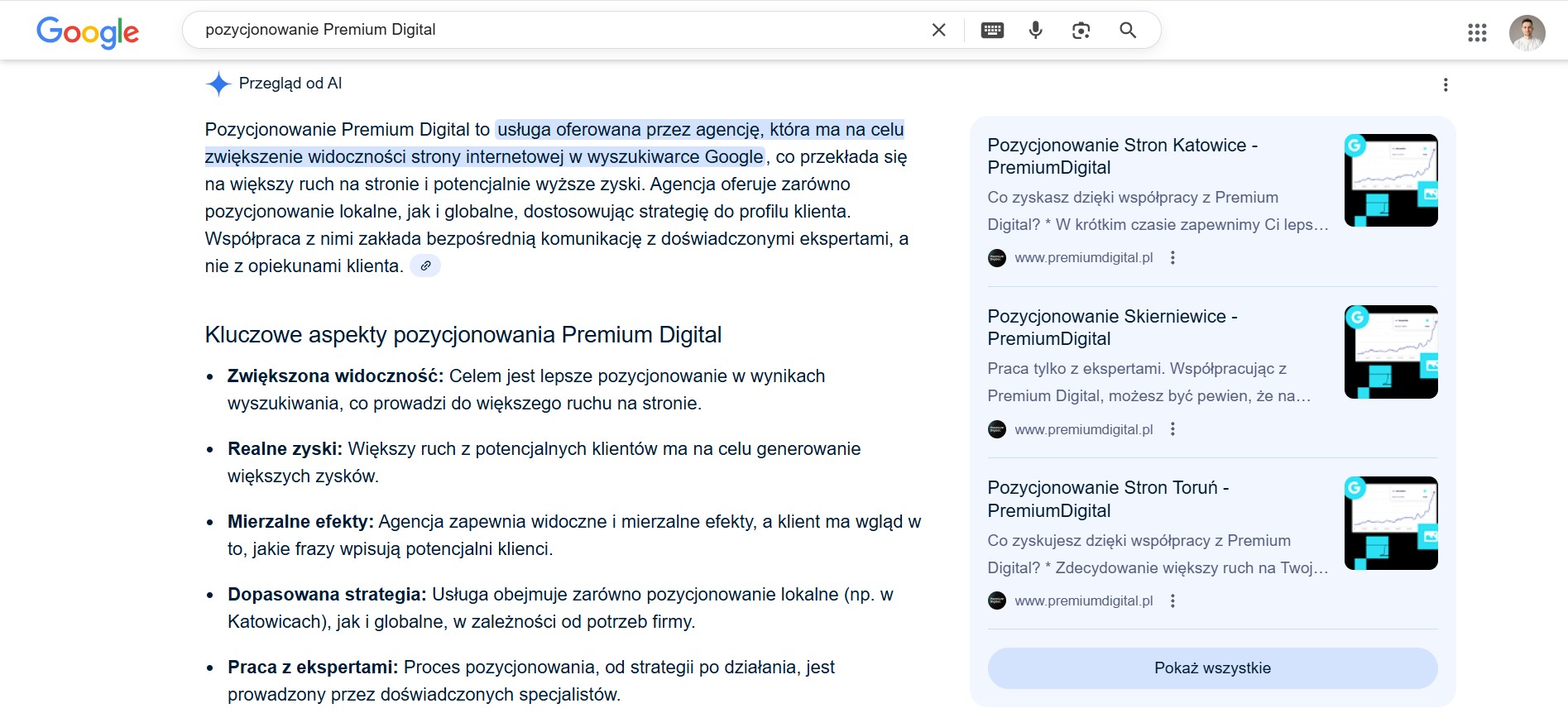 Na zdjęciu wyniki AI Overviews w Google dla frazy
